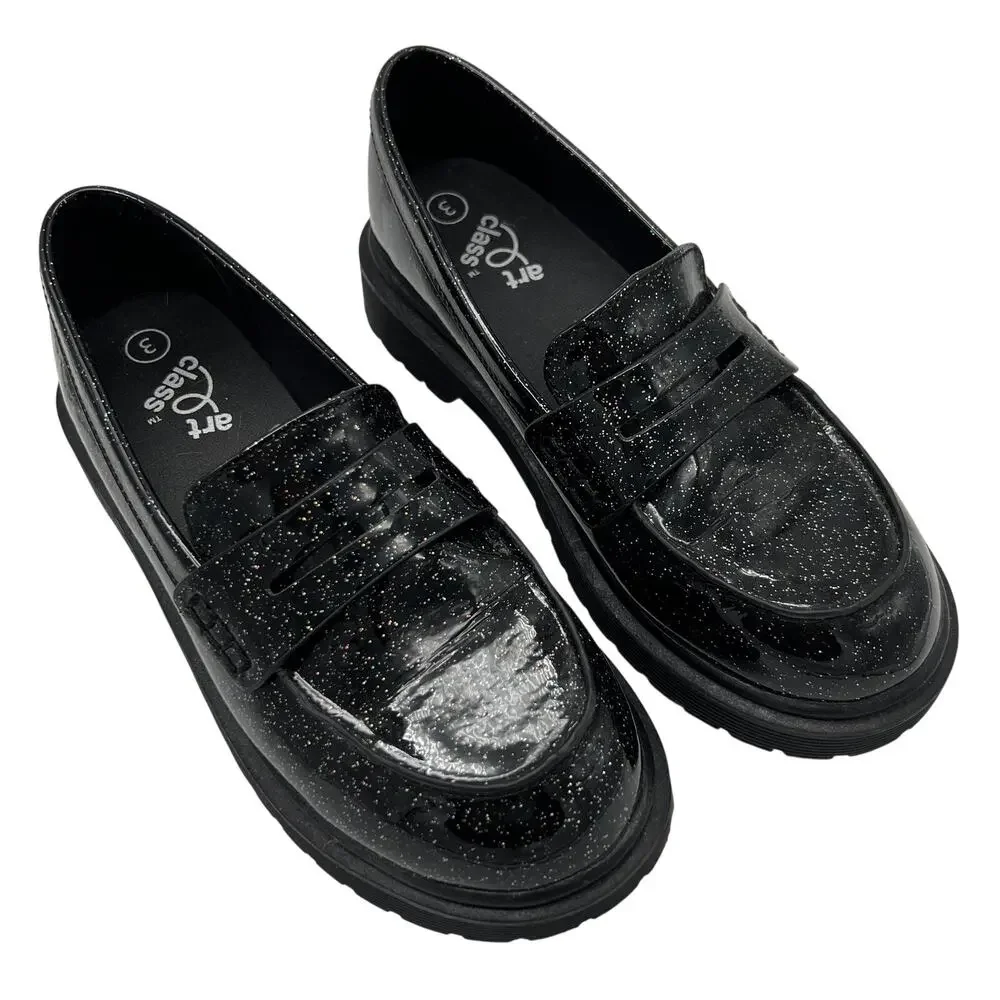 Art Class Girl's Glitter Celia Loafers Black Sparkle Size 3 Chunky Soles Preppy
